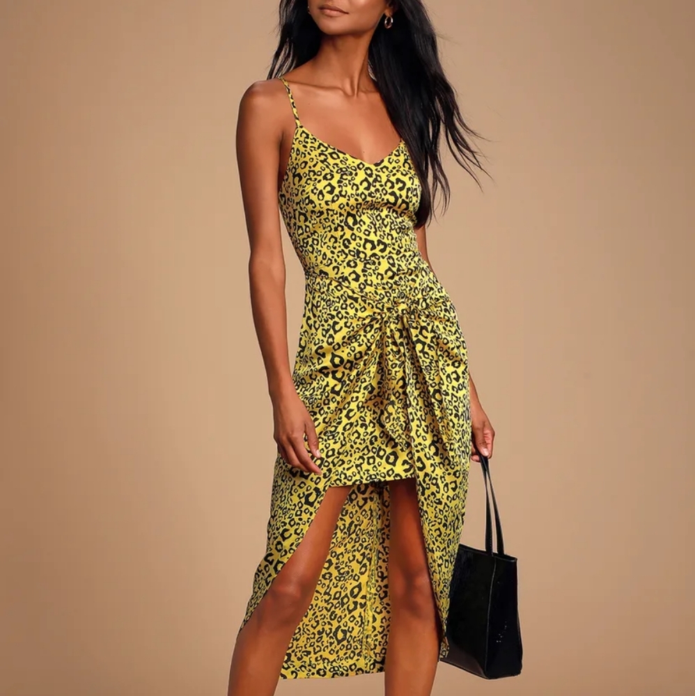 Odette Yellow Leopard Print Satin Tie-Front High-Low Dress